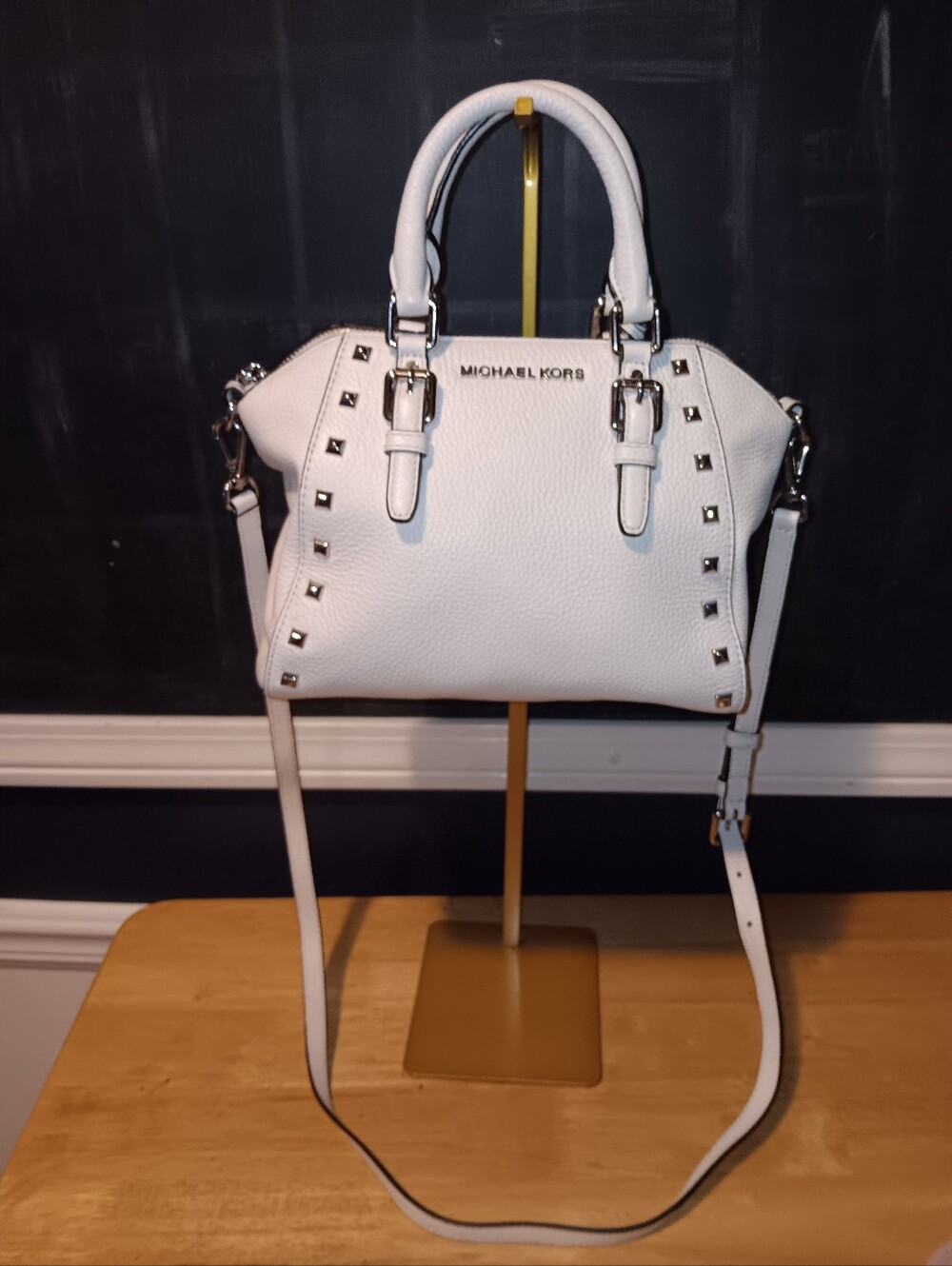 Michael Kors White Leather Studded Clara Satchel Bag